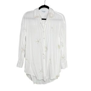 Blue Island Embroidered Shell long white and tan button down beach cover up